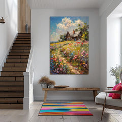 Dipinto su tela Cottage in un campo di fiori | Dettagli in acrilico
