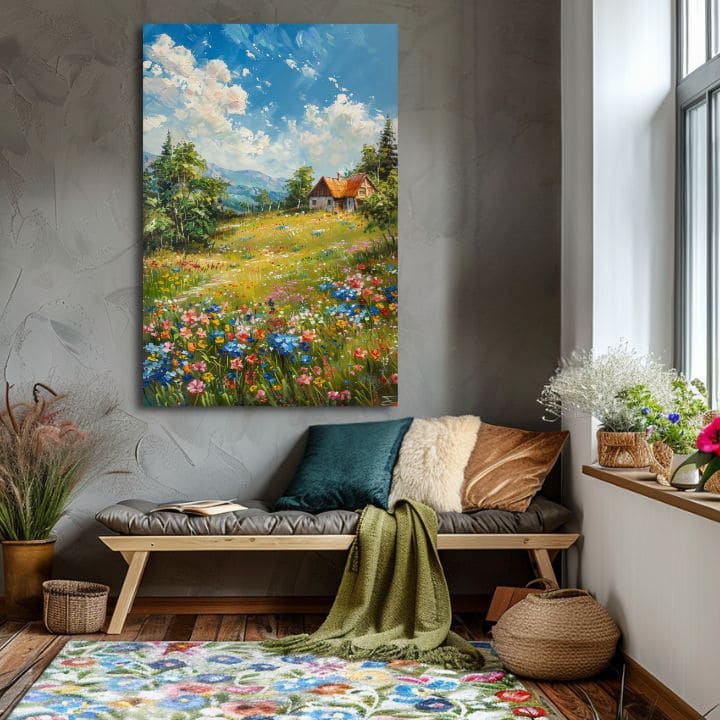 Dipinto di paesaggio su tela Cottage in montagna | Dettagli in acrilico