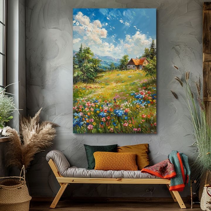 Dipinto di paesaggio su tela Cottage in montagna | Dettagli in acrilico