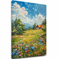 Dipinto di paesaggio su tela Cottage in montagna | Dettagli in acrilico