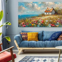 Dipinto di paesaggio su tela Casa di campagna in fiori | Dettagli in acrilico