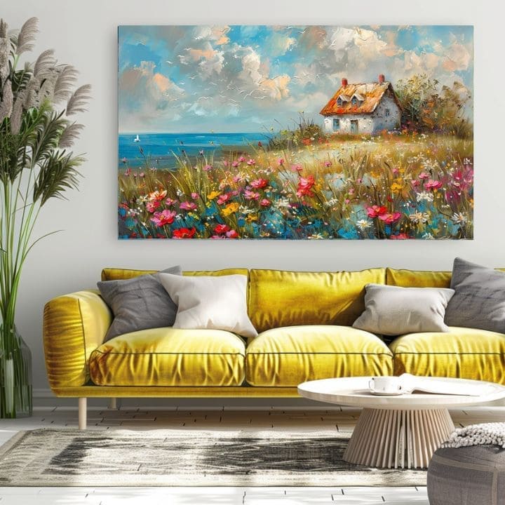 Dipinto di paesaggio su tela Casa di campagna in fiori | Dettagli in acrilico
