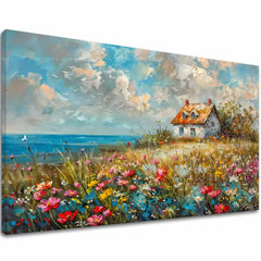 Dipinto di paesaggio su tela Casa di campagna in fiori | Dettagli in acrilico