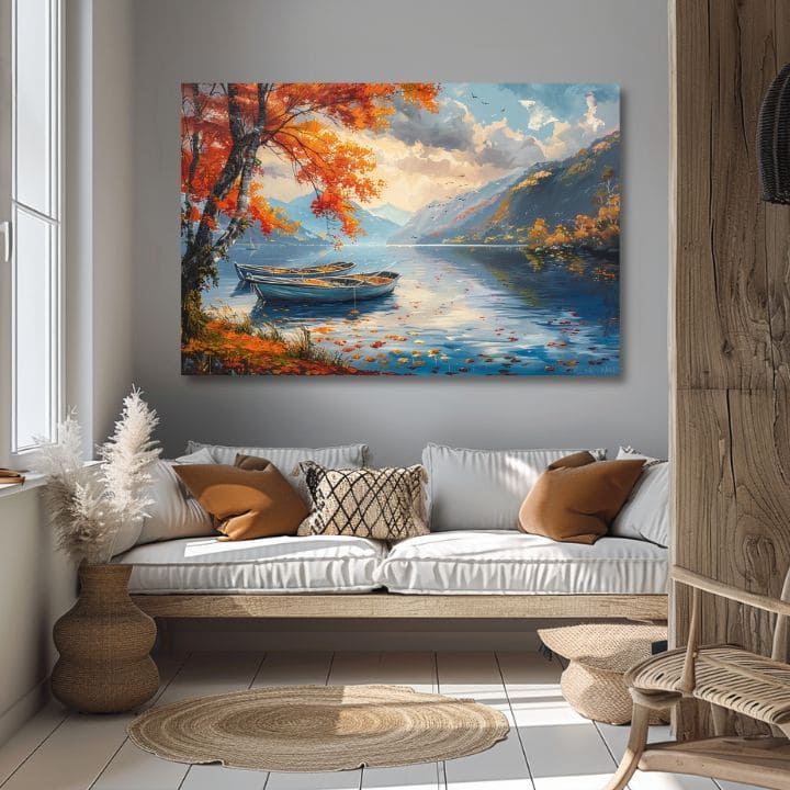 Paesaggio su tela Foglie d'autunno in riva al lago | Dettagli in acrilico