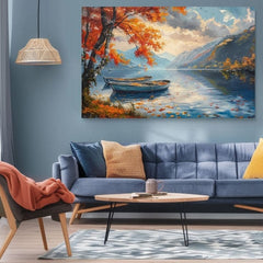 Paesaggio su tela Foglie d'autunno in riva al lago | Dettagli in acrilico