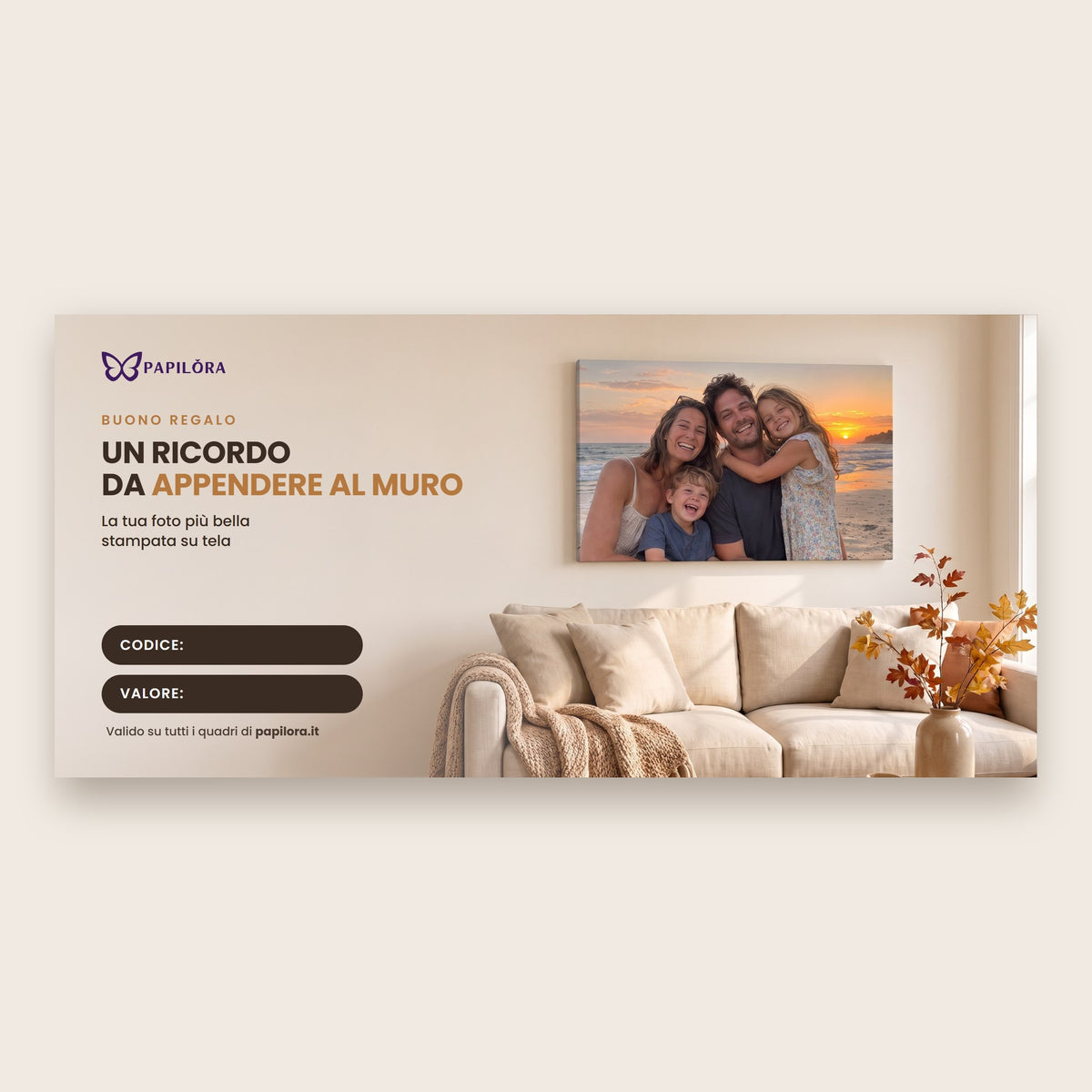 Buono regalo Papilora per la stampa di un quadro personalizzato con foto su tela