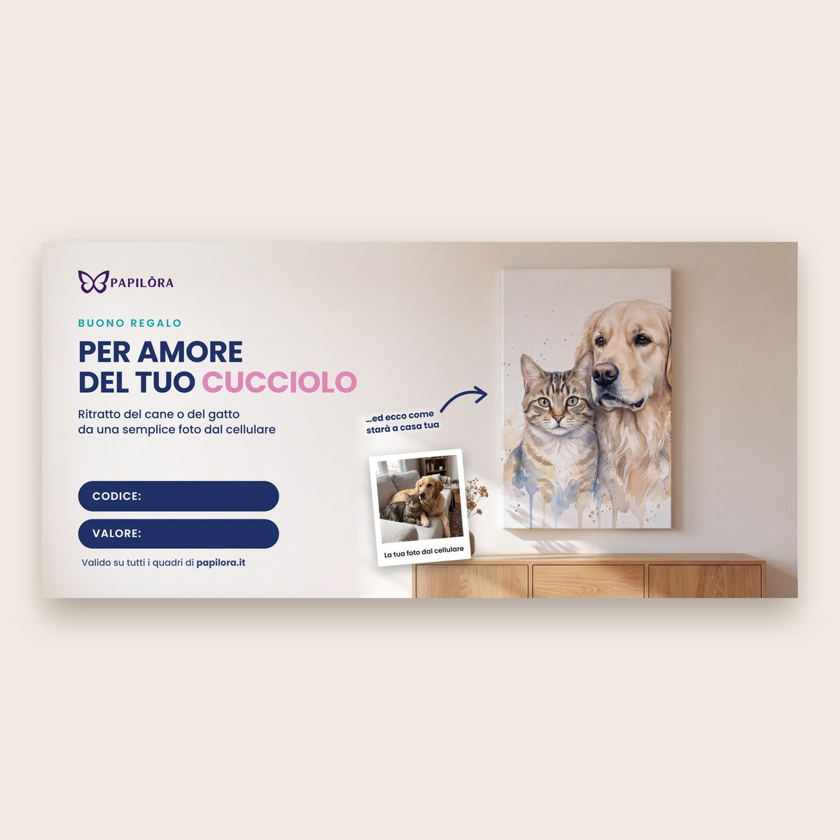 Buono regalo per ritratto personalizzato di cane o gatto da foto