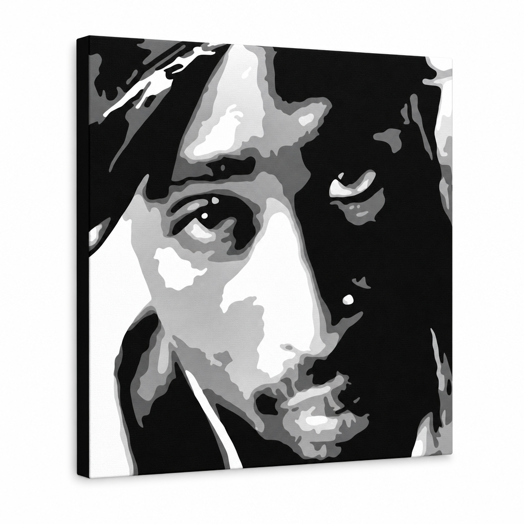 Dipinto a mano POP Art 2 PAC 1 pezzo 2pac – Visualizzazione 3D del quadro dipinto a mano su sfondo bianco. Colori dominanti: nero, bianco, grigio.