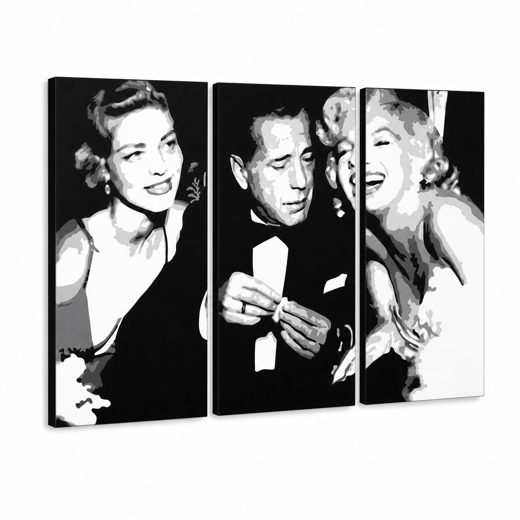 Dipinto a mano POP Art AL Bogard 3 pezzi bog2 – Visualizzazione 3D del quadro dipinto a mano su sfondo bianco. Colori dominanti: nero, bianco, grigio.