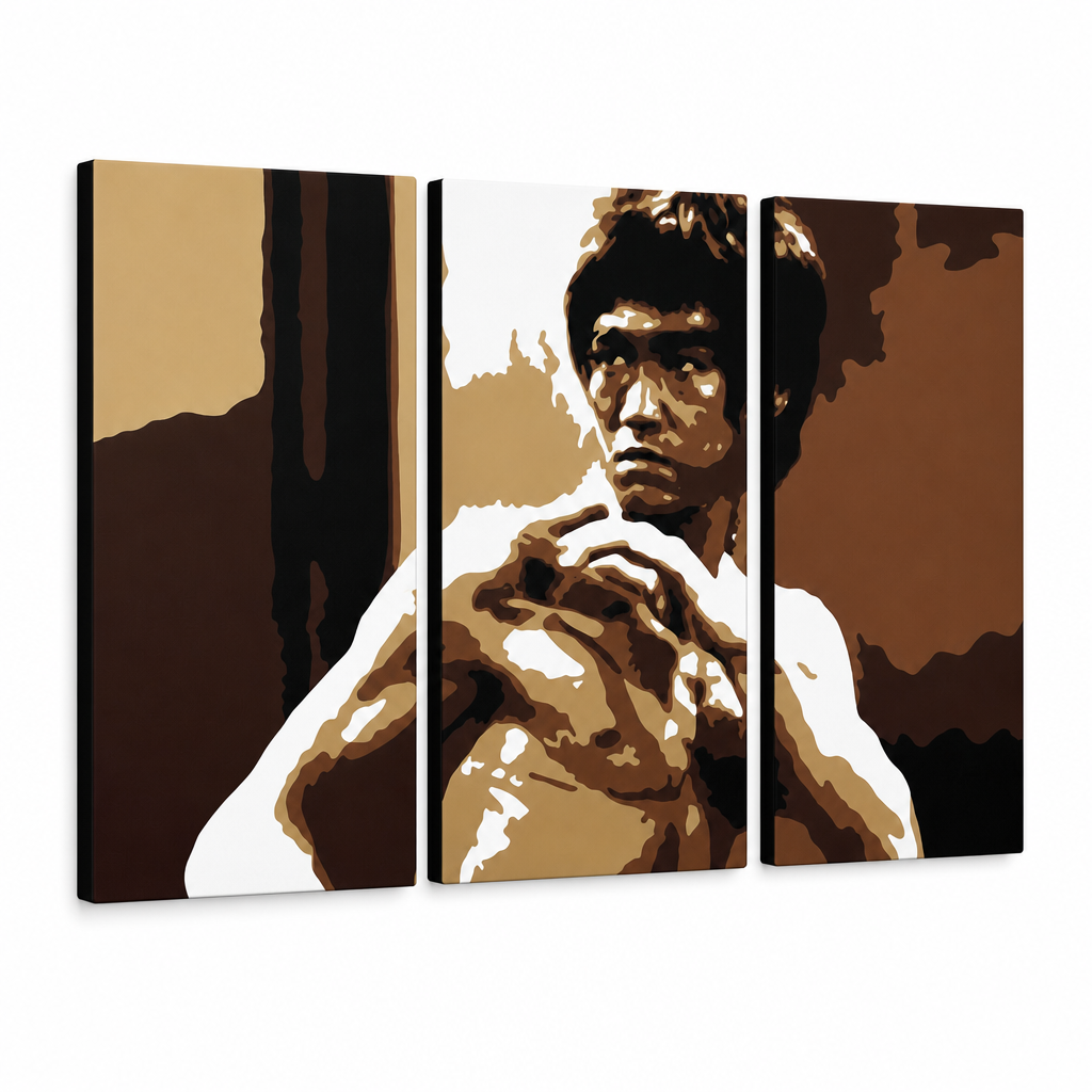 Dipinto a mano POP Art AL Bruce Lee 3 pezzi lee – Visualizzazione 3D del quadro dipinto a mano su sfondo bianco. Colori dominanti: marrone, beige, nero, oro, bianco.