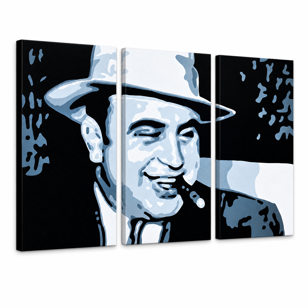 Dipinto a mano POP ART AL CAPONE | dimensioni diverse – Visualizzazione 3D del quadro dipinto a mano su sfondo bianco. Colori dominanti: nero, blu, bianco.