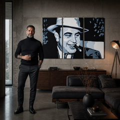 Dipinto a mano POP ART AL CAPONE | dimensioni diverse – quadro in un moderno interno maschile, visualizzazione lifestyle. Colori dominanti: nero, blu, bianco.