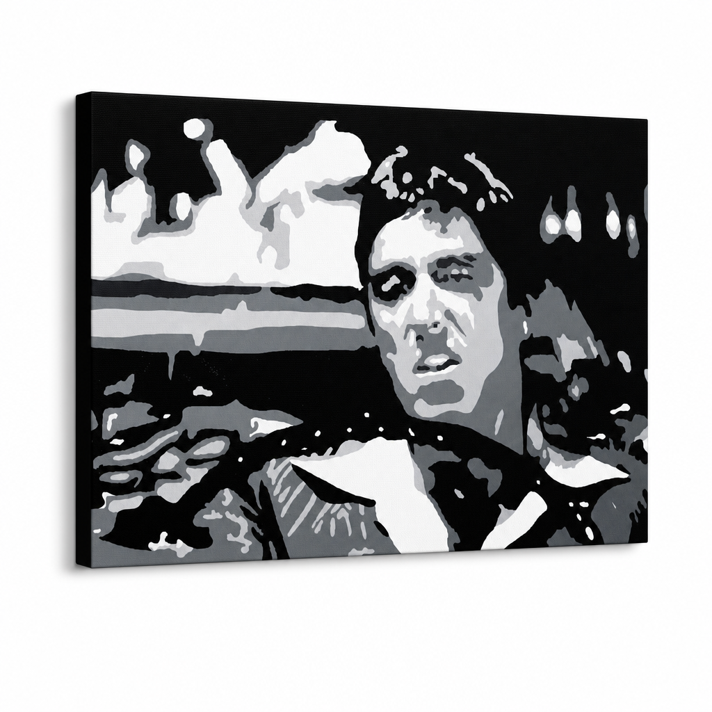 Dipinto a mano POP Art AL PACINO 1 pezzo al13 – Visualizzazione 3D del quadro dipinto a mano su sfondo bianco. Colori dominanti: nero, bianco, grigio.