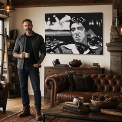 Dipinto a mano POP Art AL PACINO 1 pezzo al13 – quadro in un moderno interno maschile, visualizzazione lifestyle. Colori dominanti: nero, bianco, grigio.