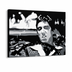 Dipinto a mano POP Art AL PACINO 1 pezzo al13 – Visualizzazione 3D del quadro dipinto a mano su sfondo bianco. Colori dominanti: nero, bianco, grigio.