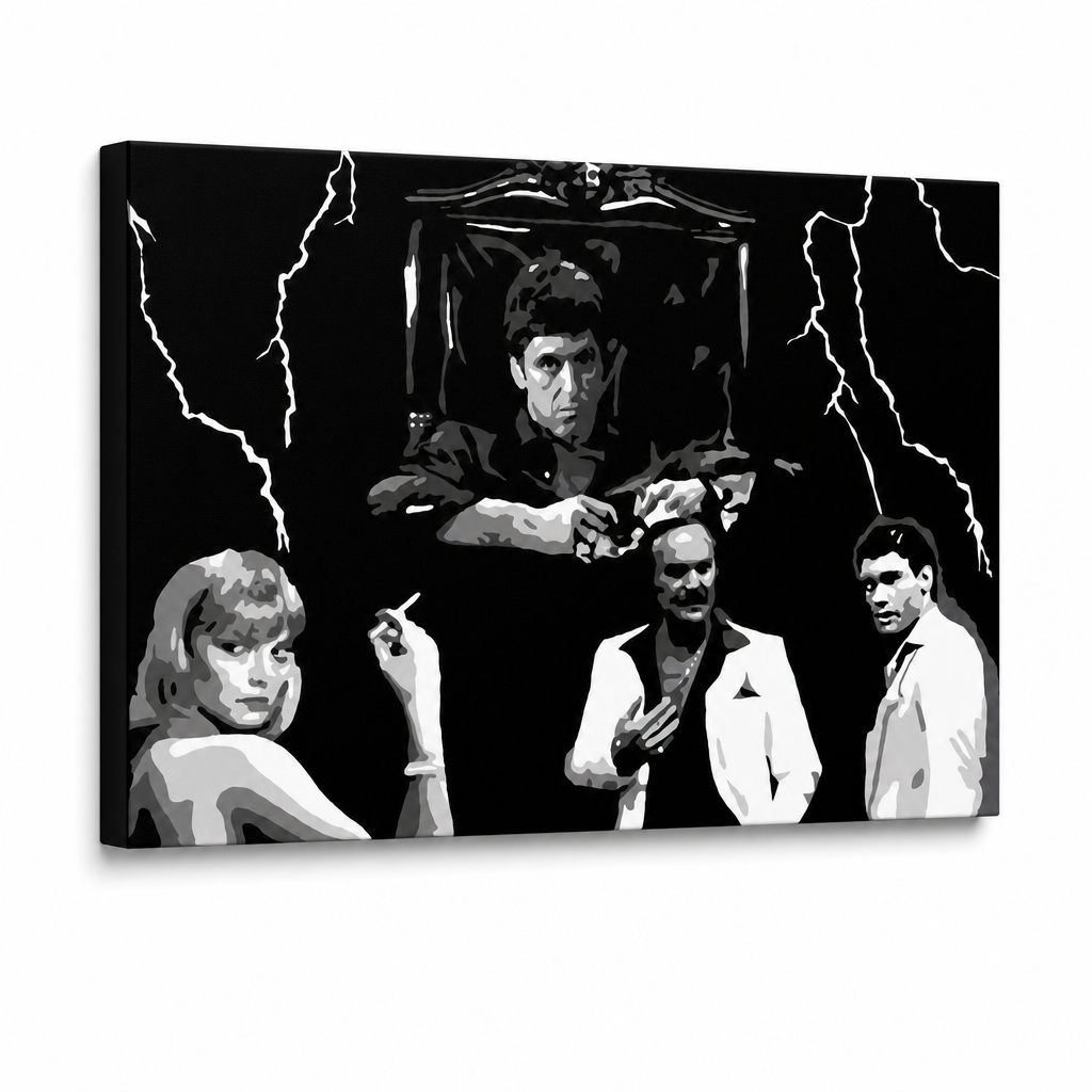 Dipinto a mano POP Art AL PACINO 1 pezzo al15 – Visualizzazione 3D del quadro dipinto a mano su sfondo bianco. Colori dominanti: nero, bianco, grigio.
