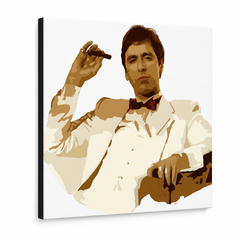 Dipinto a mano POP Art AL PACINO 1 pezzo al35 – Visualizzazione 3D del quadro dipinto a mano su sfondo bianco. Colori dominanti: marrone, bianco, oro.