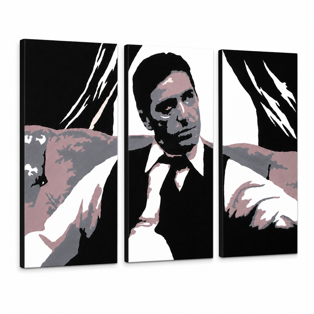 Dipinto a mano POP Art AL PACINO 3 pezzi al11 | dimensioni diverse – Visualizzazione 3D del quadro dipinto a mano su sfondo bianco. Colori dominanti: nero, grigio, rosa, bianco, marrone.