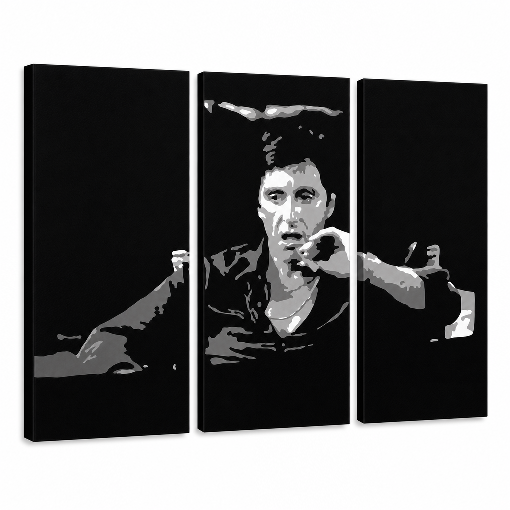 Dipinto a mano POP Art AL PACINO 3 pezzi al16 – Visualizzazione 3D del quadro dipinto a mano su sfondo bianco. Colori dominanti: nero, grigio, bianco.