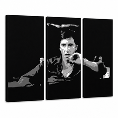Dipinto a mano POP Art AL PACINO 3 pezzi al16 – Visualizzazione 3D del quadro dipinto a mano su sfondo bianco. Colori dominanti: nero, grigio, bianco.