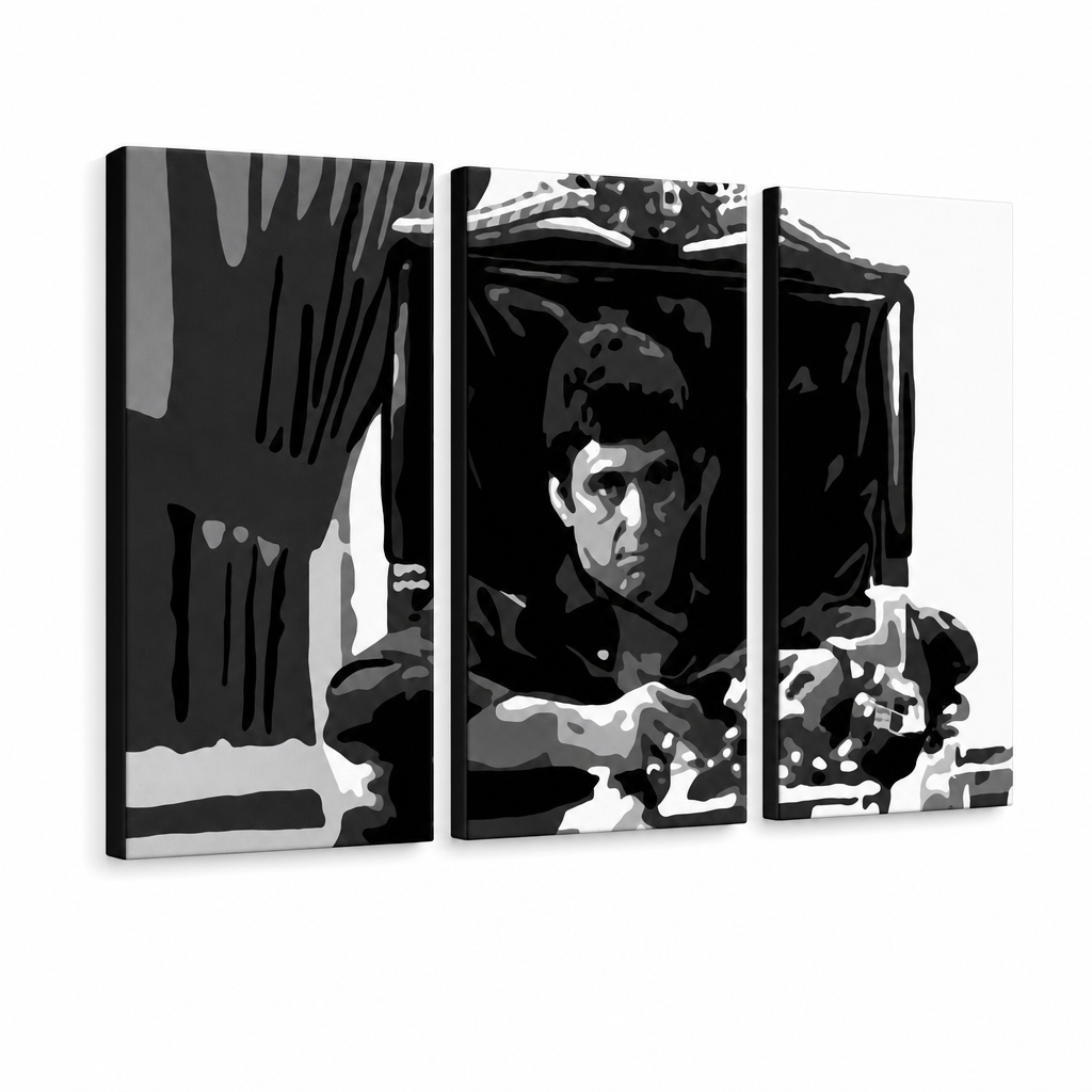 Dipinto a mano POP Art AL PACINO 3 pezzi al18 – Visualizzazione 3D del quadro dipinto a mano su sfondo bianco. Colori dominanti: nero, bianco, grigio.
