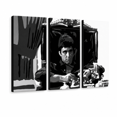 Dipinto a mano POP Art AL PACINO 3 pezzi al18 – Visualizzazione 3D del quadro dipinto a mano su sfondo bianco. Colori dominanti: nero, bianco, grigio.