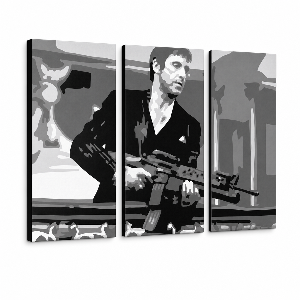 Dipinto a mano POP Art AL PACINO 3 pezzi al2 – Visualizzazione 3D del quadro dipinto a mano su sfondo bianco. Colori dominanti: nero, grigio, bianco.
