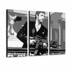 Dipinto a mano POP Art AL PACINO 3 pezzi al2 – Visualizzazione 3D del quadro dipinto a mano su sfondo bianco. Colori dominanti: nero, grigio, bianco.