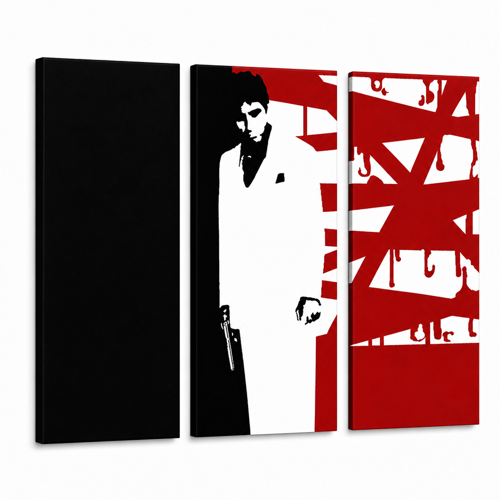 Dipinto a mano POP Art AL PACINO 3 pezzi al33 – Visualizzazione 3D del quadro dipinto a mano su sfondo bianco. Colori dominanti: nero, bianco, rosso.