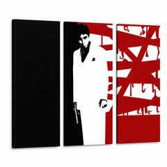 Dipinto a mano POP Art AL PACINO 3 pezzi al33 – Visualizzazione 3D del quadro dipinto a mano su sfondo bianco. Colori dominanti: nero, bianco, rosso.