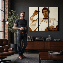 Dipinto a mano POP Art AL PACINO 3 pezzi al34 – quadro in un moderno interno maschile, visualizzazione lifestyle. Colori dominanti: marrone, beige, bianco, nero.