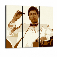 Dipinto a mano POP Art AL PACINO 3 pezzi al34 – Visualizzazione 3D del quadro dipinto a mano su sfondo bianco. Colori dominanti: marrone, beige, bianco, nero.