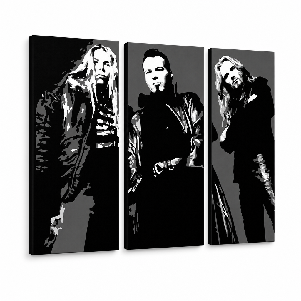 Dipinto a mano POP Art Apocalyptica 3 parti apo – Visualizzazione 3D del quadro dipinto a mano su sfondo bianco. Colori dominanti: nero, bianco, grigio.