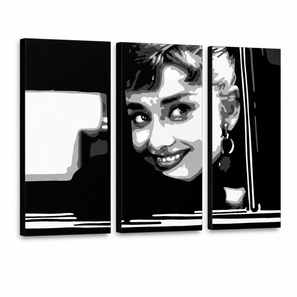 Dipinto a mano POP Art Audrey HEPBHURN 3 pezzi ah1 – Visualizzazione 3D del quadro dipinto a mano su sfondo bianco. Colori dominanti: nero, bianco, grigio.