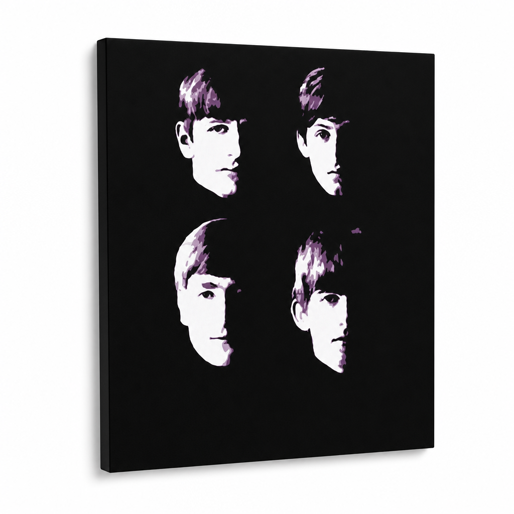 Dipinto a mano POP Art BEATLES 1 pezzo beat10 – Visualizzazione 3D del quadro dipinto a mano su sfondo bianco. Colori dominanti: nero, bianco, viola.