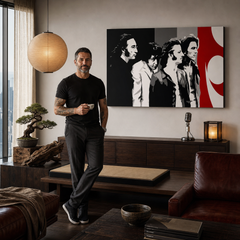 Dipinto a mano POP Art BEATLES 1 pezzo beat7 – quadro in un moderno interno maschile, visualizzazione lifestyle. Colori dominanti: nero, bianco, rosso, grigio.