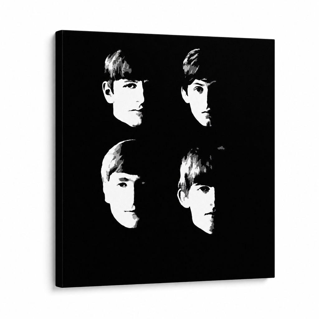 Dipinto a mano POP Art BEATLES 1 pezzo beat8 – Visualizzazione 3D del quadro dipinto a mano su sfondo bianco. Colori dominanti: nero, bianco.