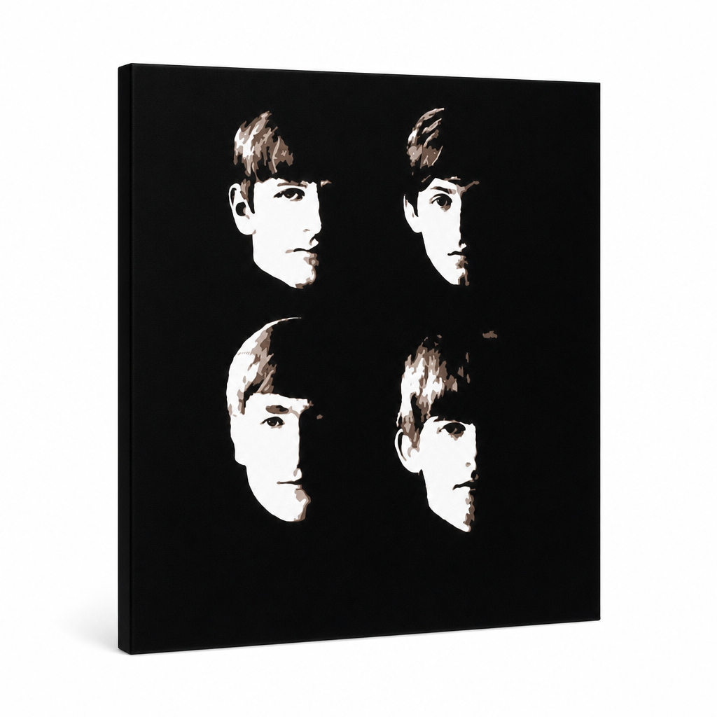 Dipinto a mano POP Art BEATLES 1 pezzo beat9 – Visualizzazione 3D del quadro dipinto a mano su sfondo bianco. Colori dominanti: nero, beige, marrone.
