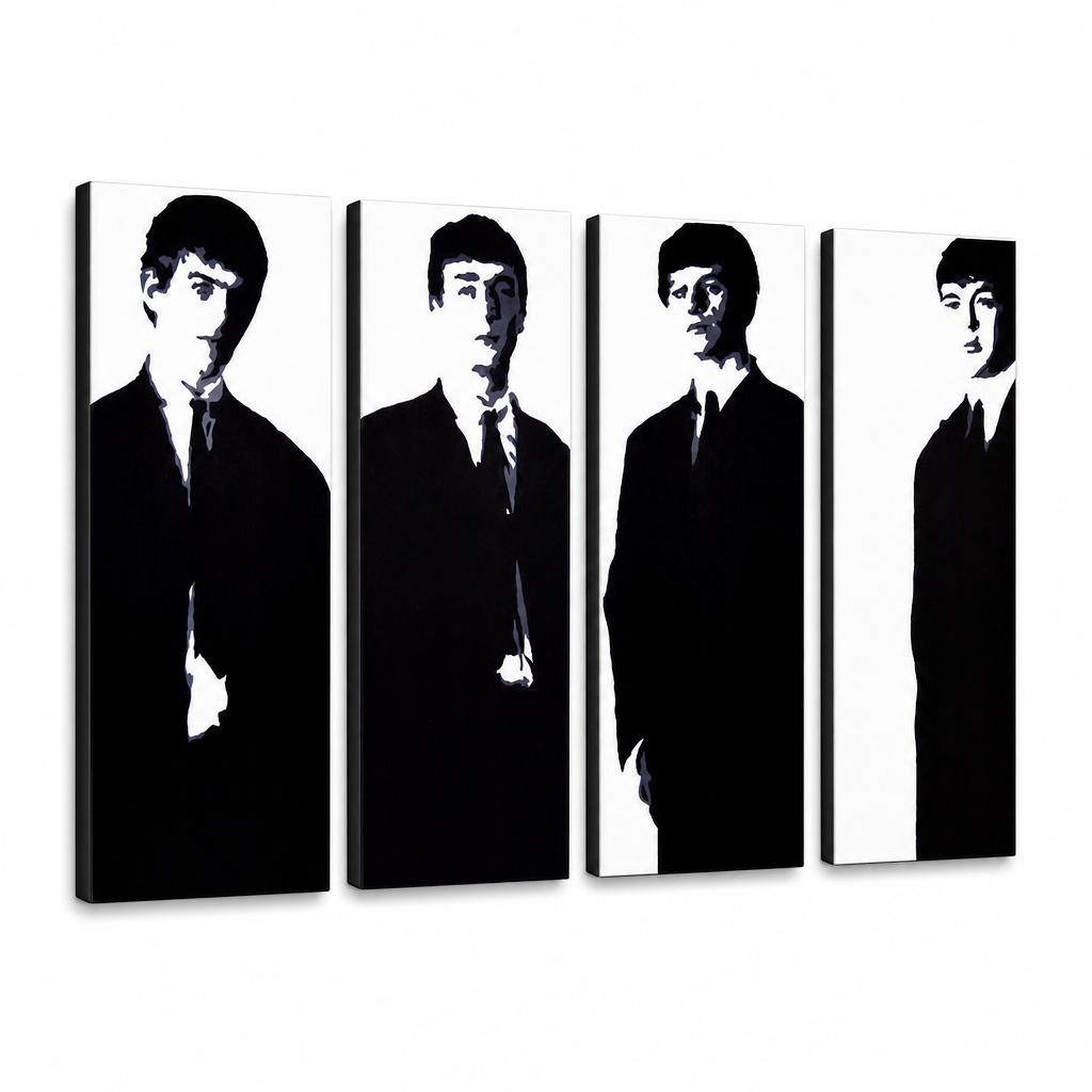 Dipinto a mano POP Art Beatles 4 pezzi bea3 – Visualizzazione 3D del quadro dipinto a mano su sfondo bianco. Colori dominanti: nero, bianco, grigio.