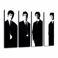 Dipinto a mano POP Art Beatles 4 pezzi bea3 – Visualizzazione 3D del quadro dipinto a mano su sfondo bianco. Colori dominanti: nero, bianco, grigio.