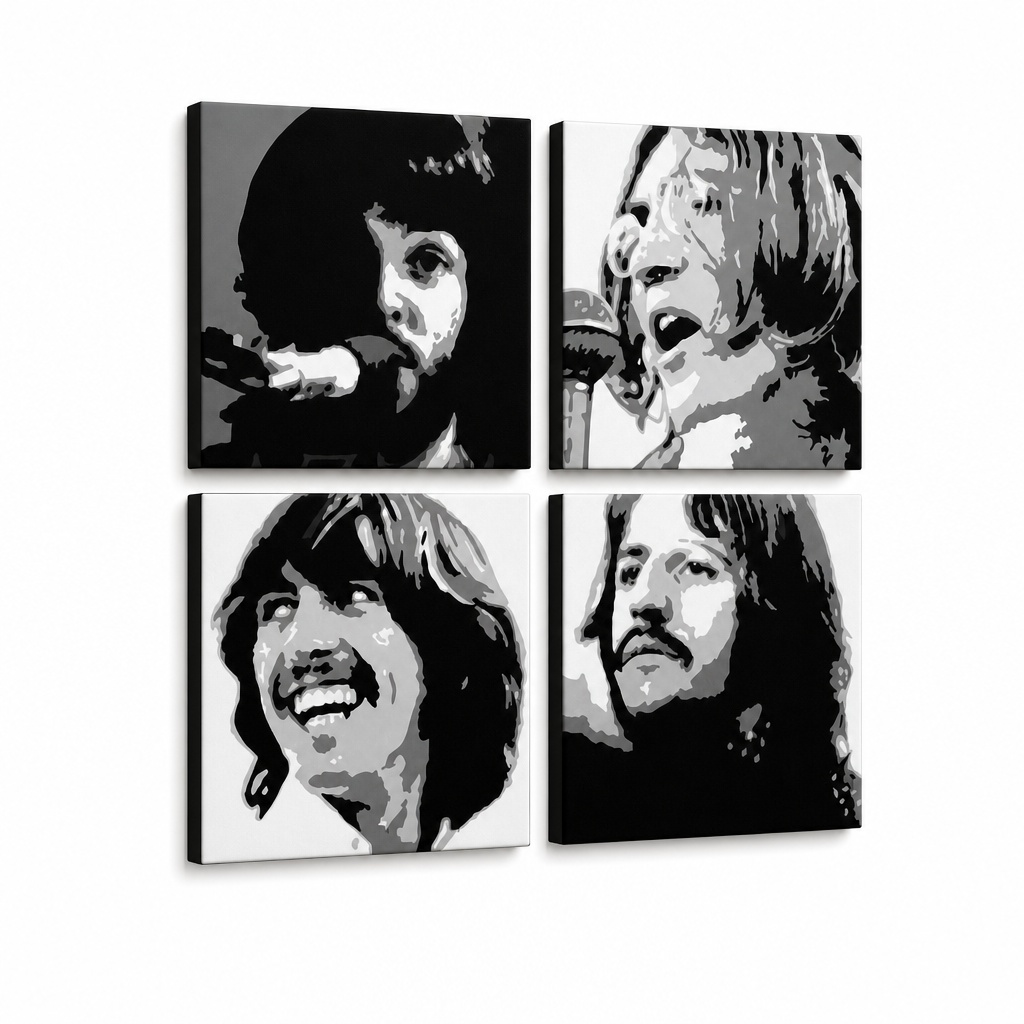 Dipinto a mano POP Art BEATLES 4 pezzi bea4 – Visualizzazione 3D del quadro dipinto a mano su sfondo bianco. Colori dominanti: nero, bianco, grigio.