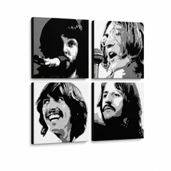 Dipinto a mano POP Art BEATLES 4 pezzi bea4 – Visualizzazione 3D del quadro dipinto a mano su sfondo bianco. Colori dominanti: nero, bianco, grigio.
