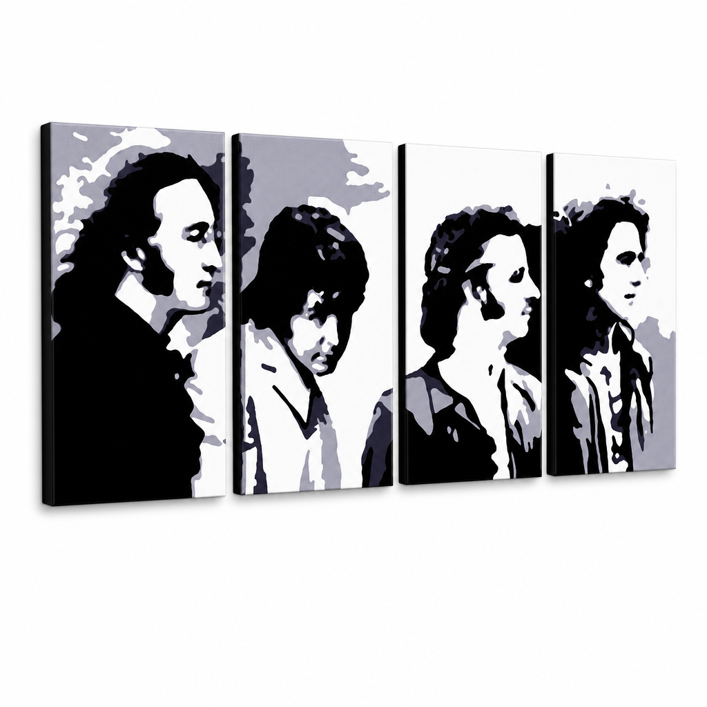 Dipinto a mano POP Art Beatles 4 pezzi bea5 – Visualizzazione 3D del quadro dipinto a mano su sfondo bianco. Colori dominanti: nero, grigio, bianco, oro.