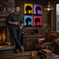 Dipinto a mano POP Art BEATLES 4 pezzi bea6 – quadro in un moderno interno maschile, visualizzazione lifestyle. Colori dominanti: giallo, viola, blu, rosso, nero.