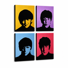Dipinto a mano POP Art BEATLES 4 pezzi bea6 – Visualizzazione 3D del quadro dipinto a mano su sfondo bianco. Colori dominanti: giallo, viola, blu, rosso, nero.