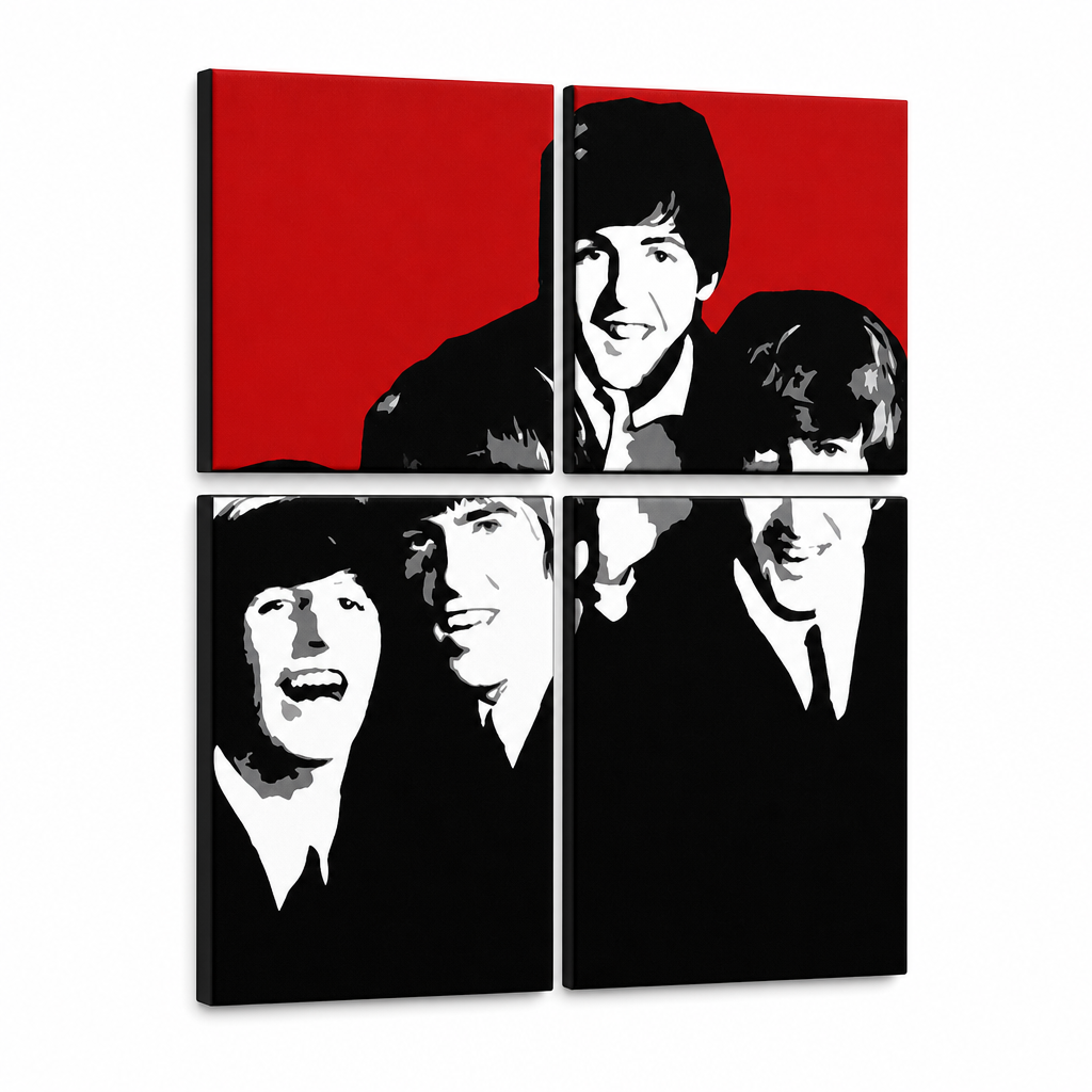 Dipinto a mano POP Art BEATLES 4 pezzi bea7 – Visualizzazione 3D del quadro dipinto a mano su sfondo bianco. Colori dominanti: rosso, nero, bianco, grigio.