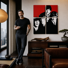 Dipinto a mano POP Art BEATLES 4 pezzi bea7 – quadro in un moderno interno maschile, visualizzazione lifestyle. Colori dominanti: rosso, nero, bianco, grigio.