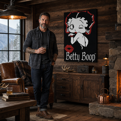 Dipinto a mano POP Art Betty Boop 1 pezzo bb – quadro in un moderno interno maschile, visualizzazione lifestyle. Colori dominanti: nero, rosso, bianco.