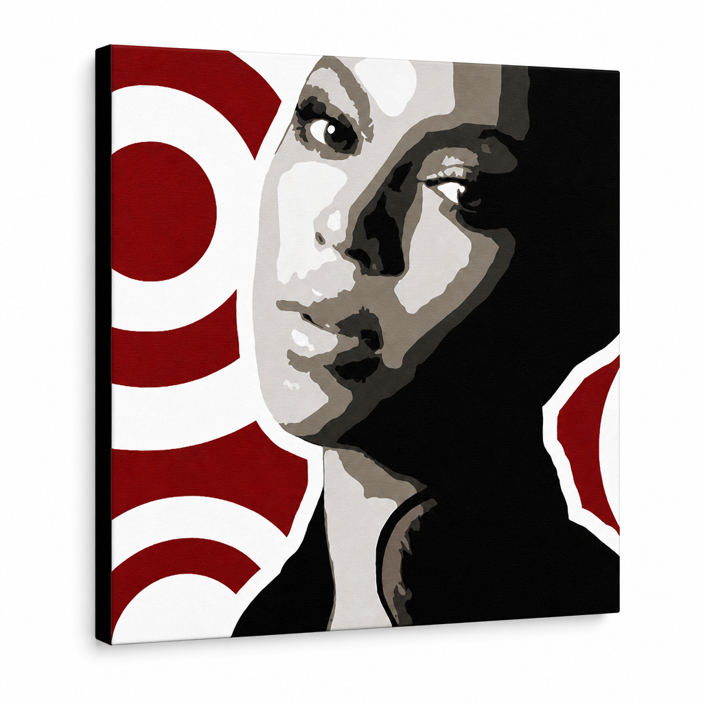 Dipinto a mano POP Art BEYONCÉ 1 pezzo bey3 – Visualizzazione 3D del quadro dipinto a mano su sfondo bianco. Colori dominanti: nero, rosso, marrone, bianco, grigio.