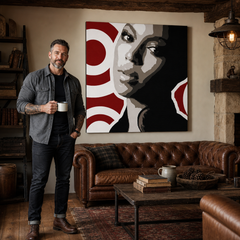 Dipinto a mano POP Art BEYONCÉ 1 pezzo bey3 – quadro in un moderno interno maschile, visualizzazione lifestyle. Colori dominanti: nero, rosso, marrone, bianco, grigio.